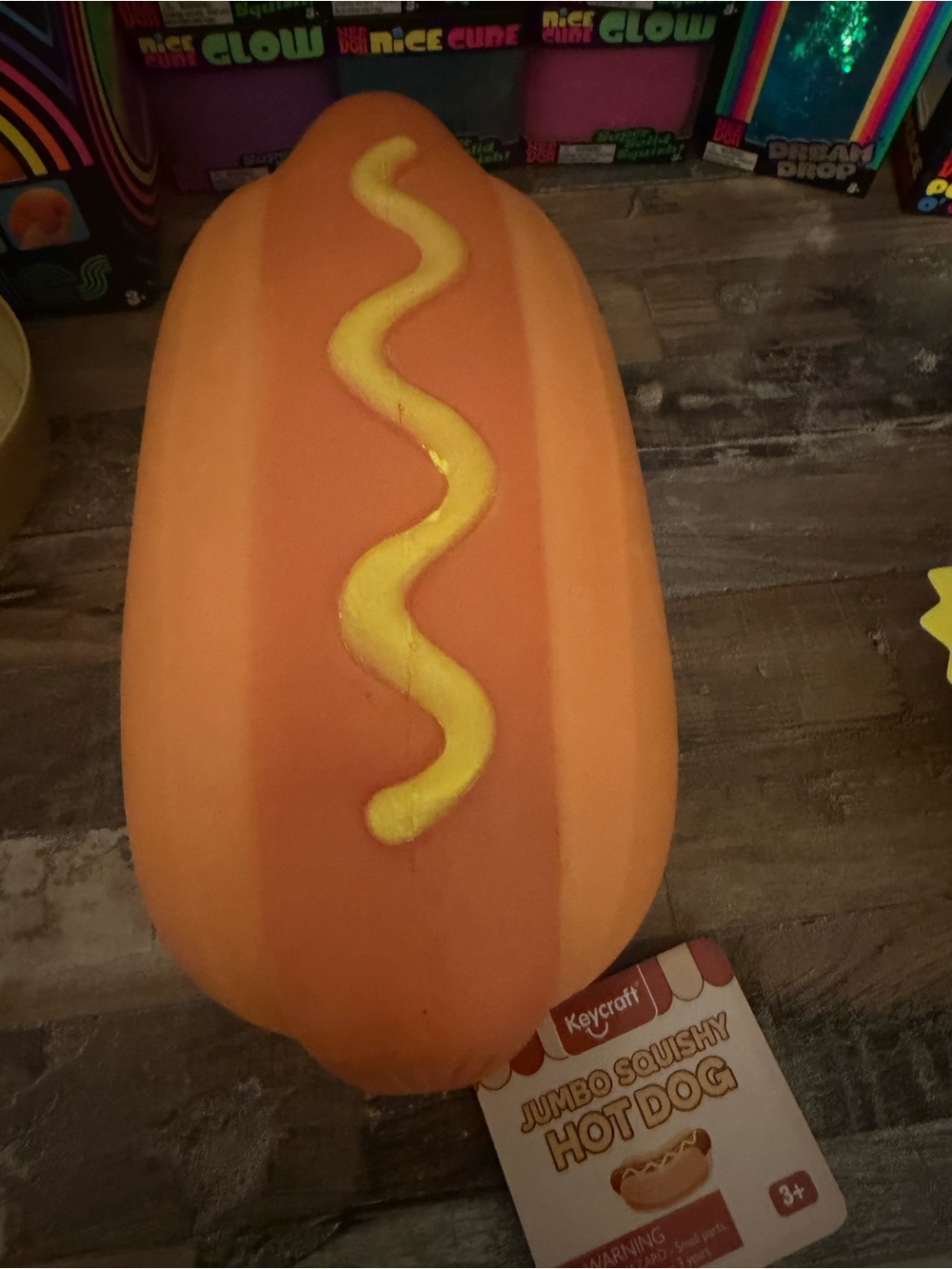 VIRIAL Jumbo Squishy Hot Dog Toy - Orange with Yellow Mustard